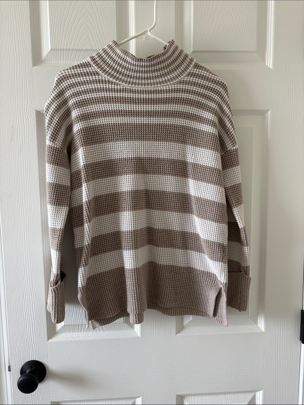Cyrus Striped Mock Neck Sweater in Beige and White